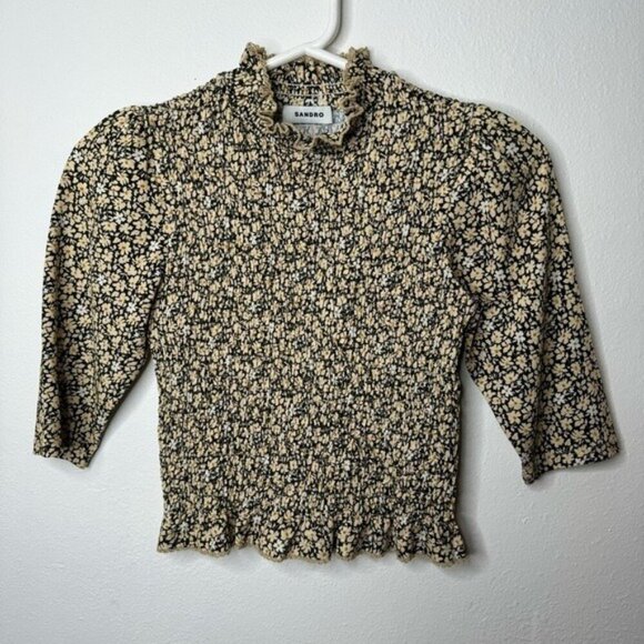 Sandro Gigi Floral-Print Smocked Crop Tee SIZE S Small - Picture 9 of 14